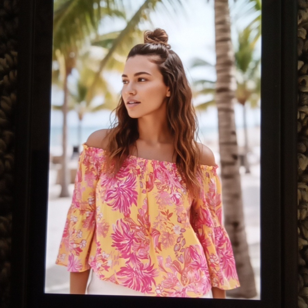Lilly Pulitzer Neive Long Sleeve Off Tge Shoulder Top Vibrant Floral Vacation M